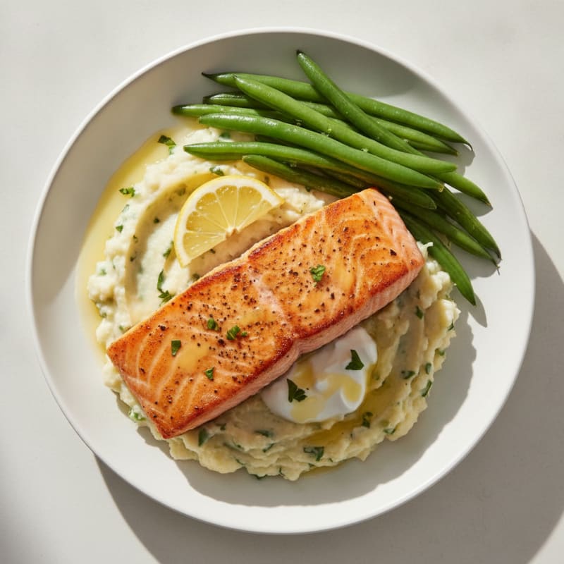 Seared Salmon with Steamed Green Beans and Herbed Cauliflower Mash