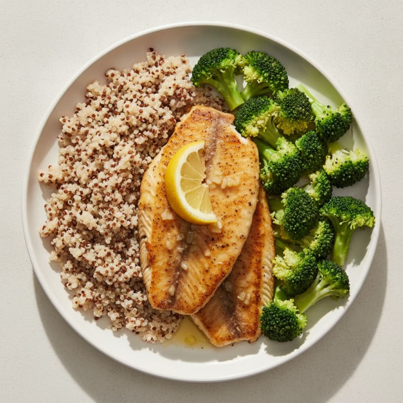 Seared Tilapia with Steamed Broccoli and Quinoa