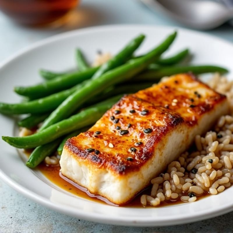 Seared Miso-Glazed Cod with Garlic Green Beans and Brown Rice