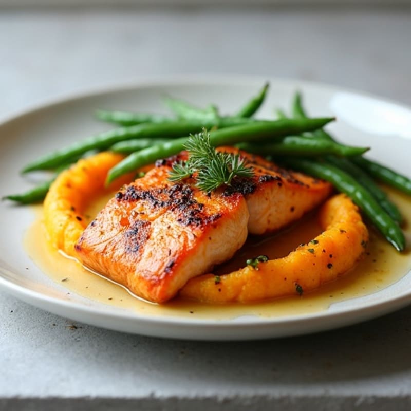 Seared Salmon with Garlic Green Beans and Sweet Potato Mash