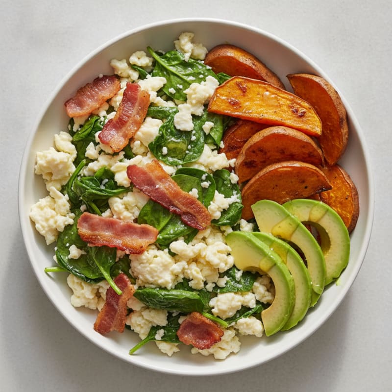 Crispy Turkey Bacon and Egg White Scramble with Sautéed Spinach
