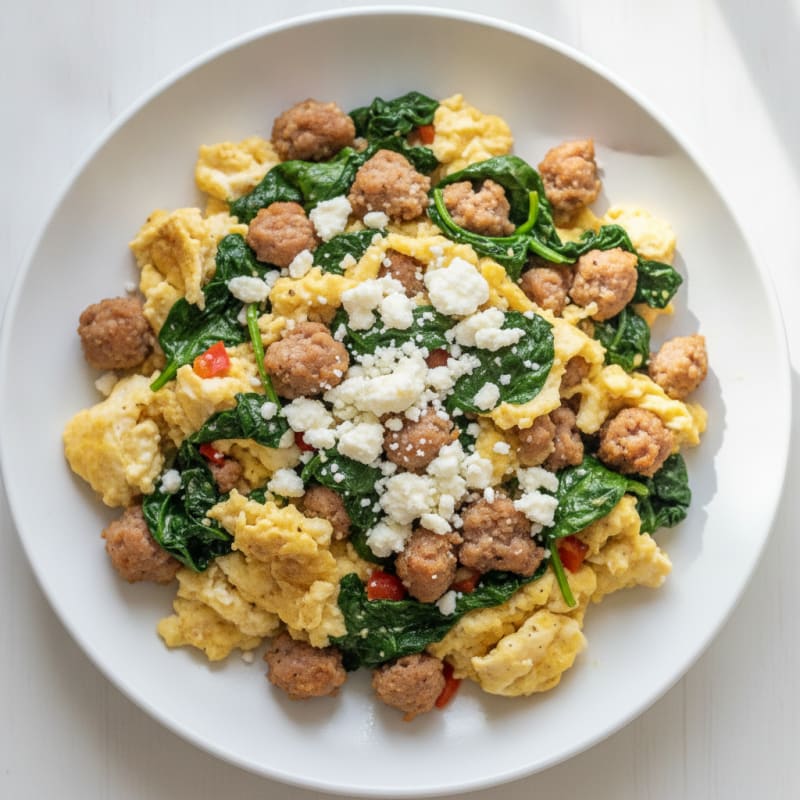 Egg White Scramble with Turkey Sausage and Sautéed Spinach