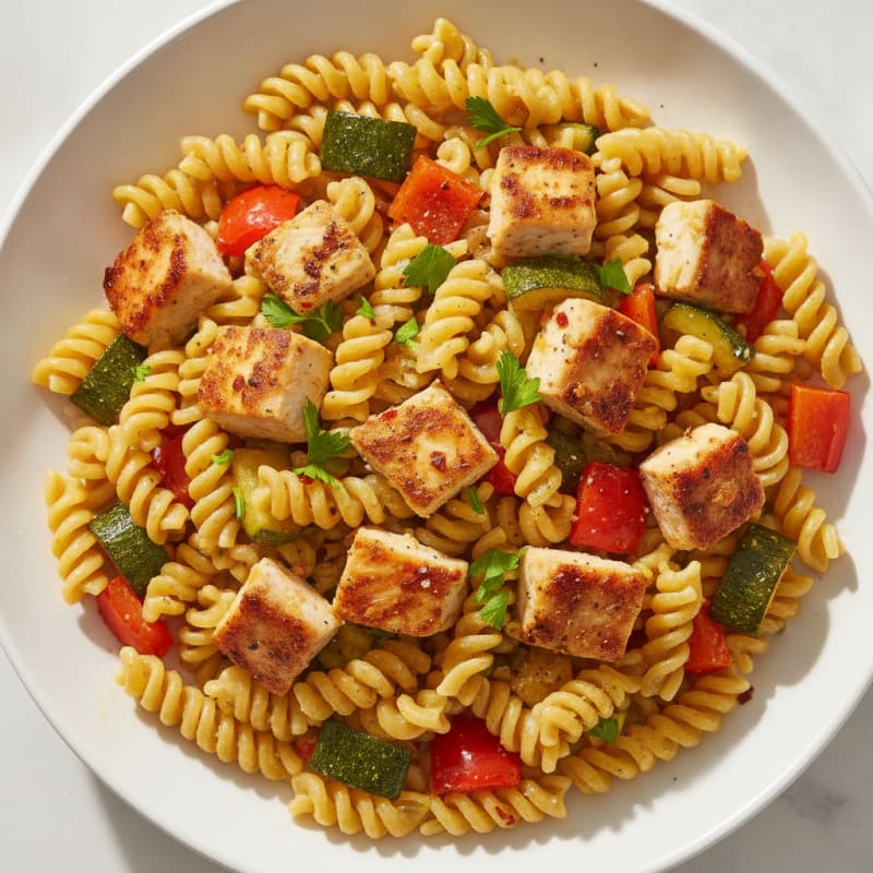 Chickpea Pasta with Roasted Vegetables and Lemon-Garlic Chicken