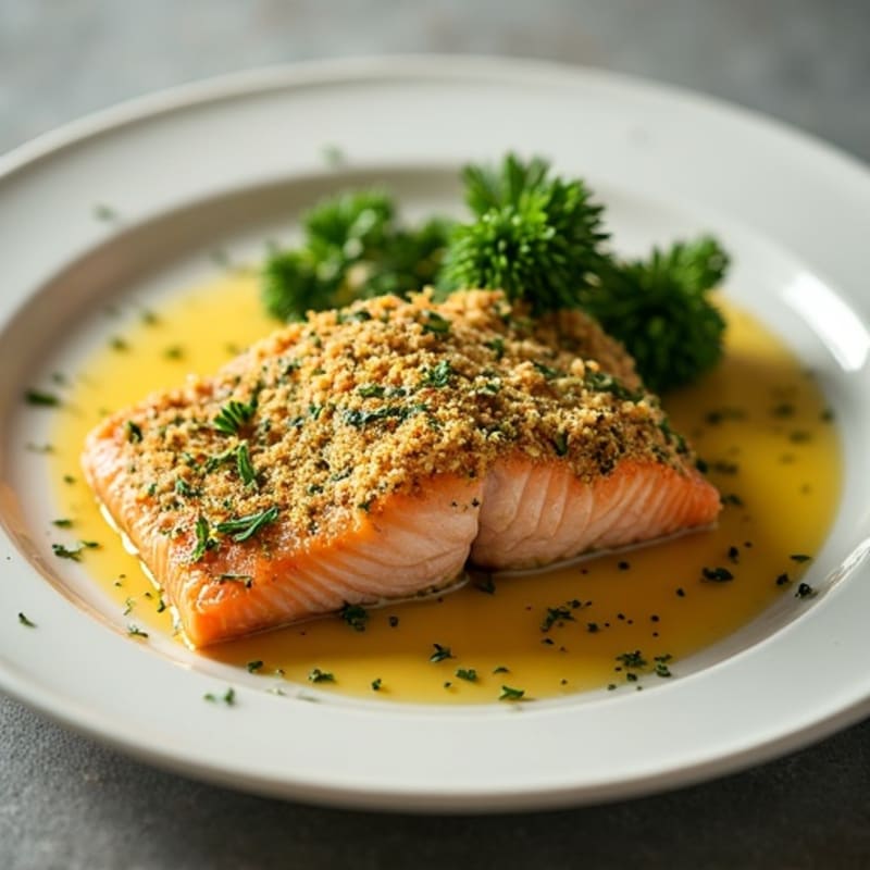 Herb-Crusted Baked Salmon with Lemon Garlic Sauce
