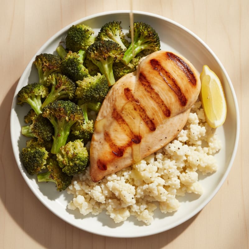 Grilled Chicken Breast with Roasted Broccoli and Cauliflower Rice