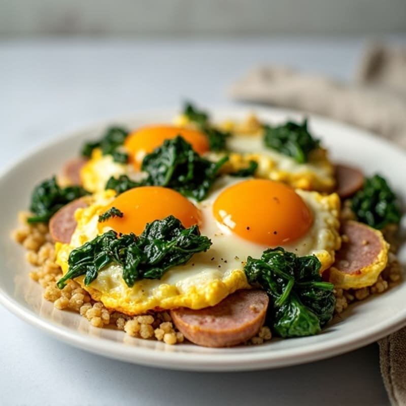 Egg White and Turkey Sausage Scramble with Sautéed Spinach