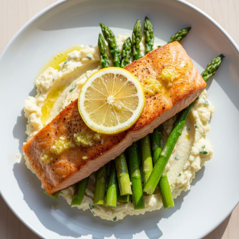 Seared Salmon with Steamed Asparagus and Cauliflower Mash