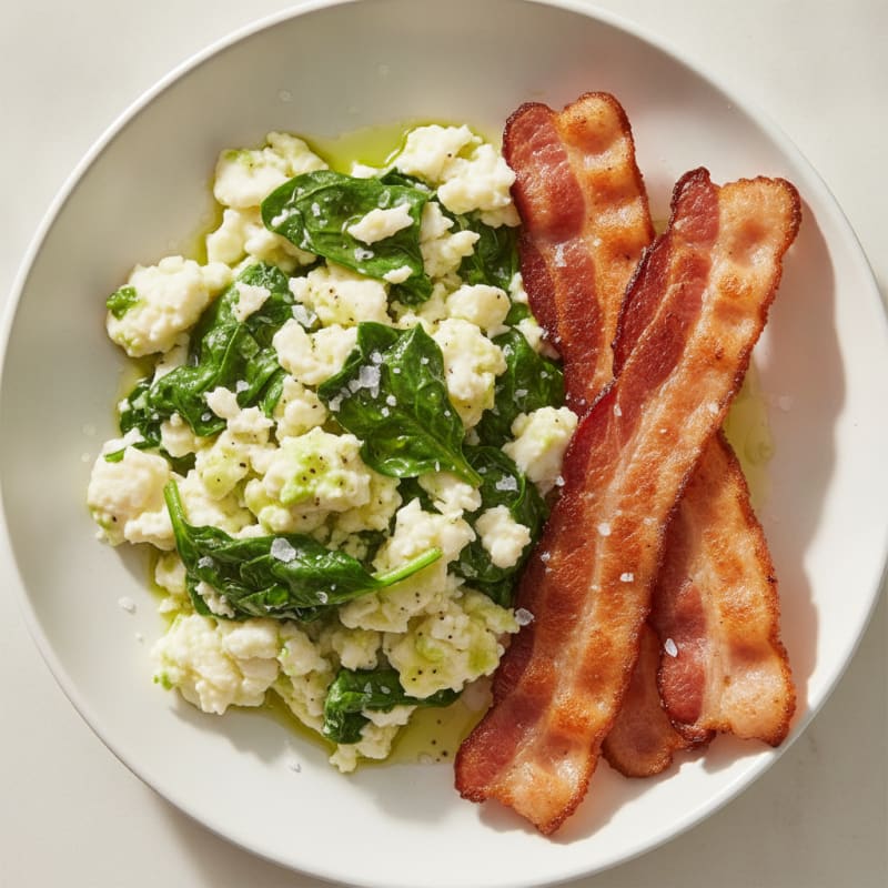 Egg White Scramble with Spinach and Grilled Turkey Bacon
