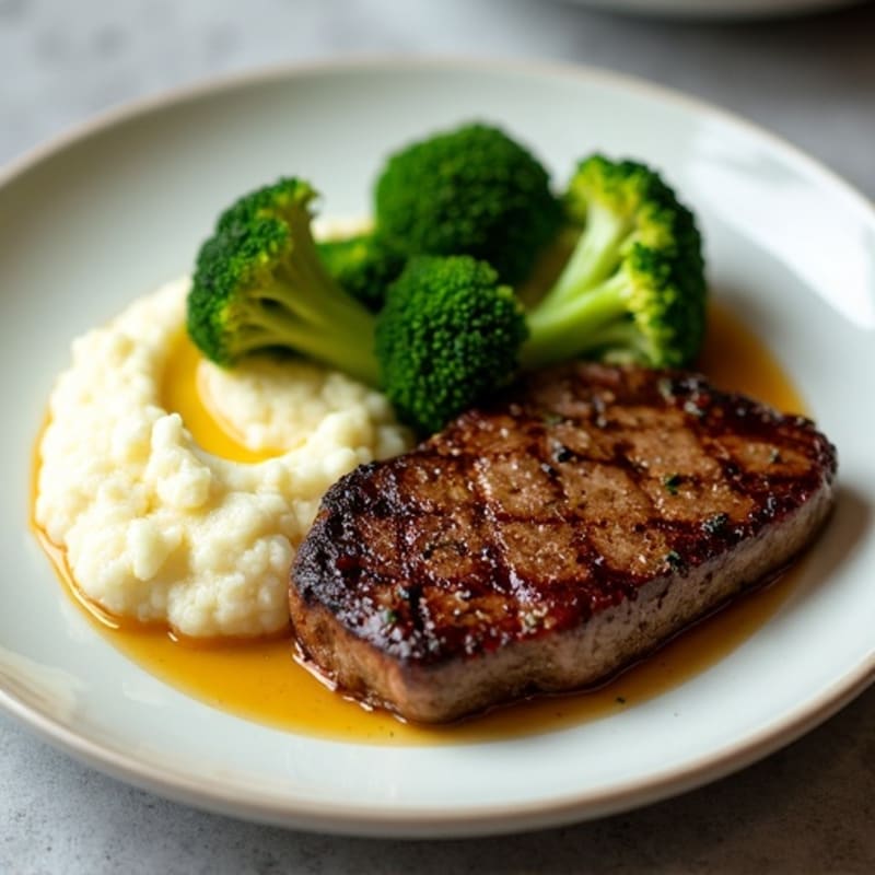 Seared Lean Beef with Steamed Broccoli and Cauliflower Mash