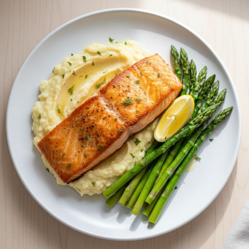 Seared Salmon with Steamed Asparagus and Garlic Cauliflower Mash