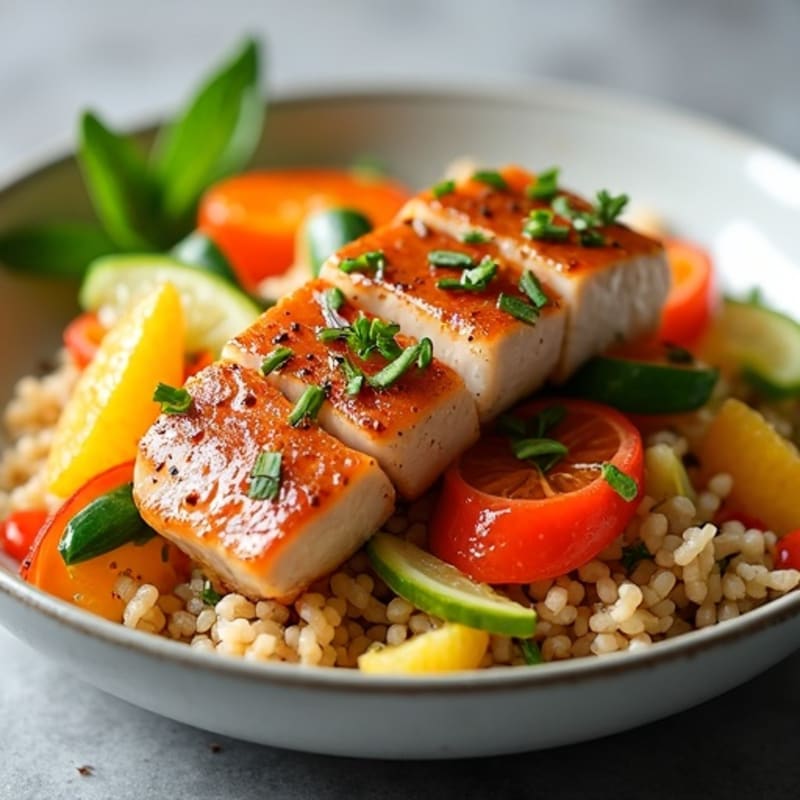 Citrus-Soy Marinated Tuna with Brown Rice and Fresh Vegetables