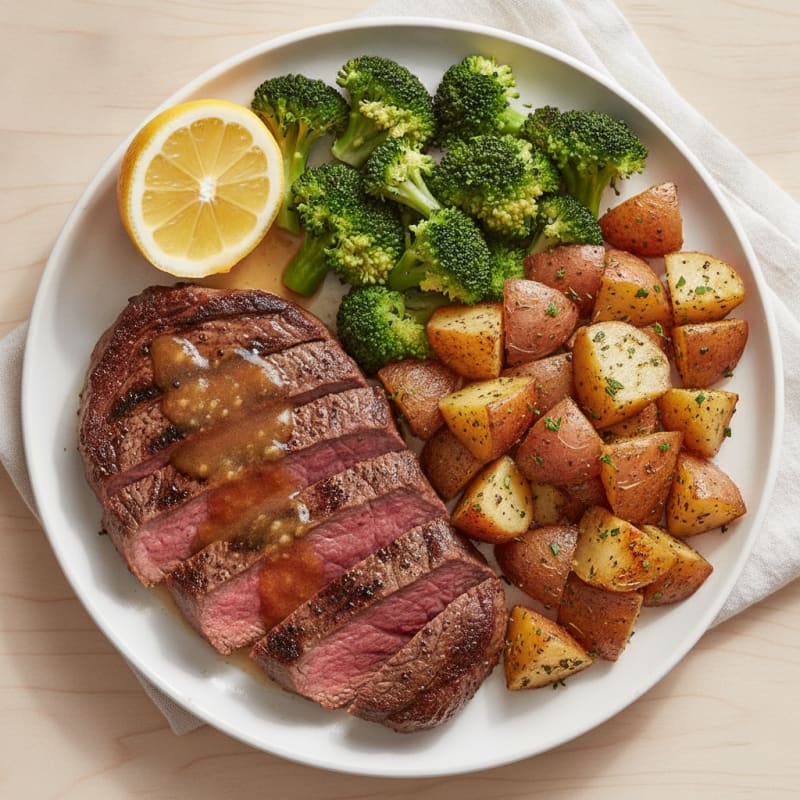 Grilled Beef Steak with Roasted Potato and Steamed Broccoli