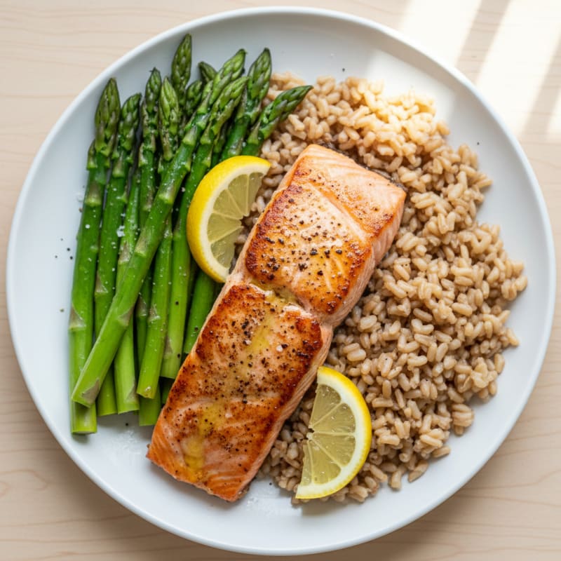 Seared Salmon with Steamed Asparagus and Brown Rice