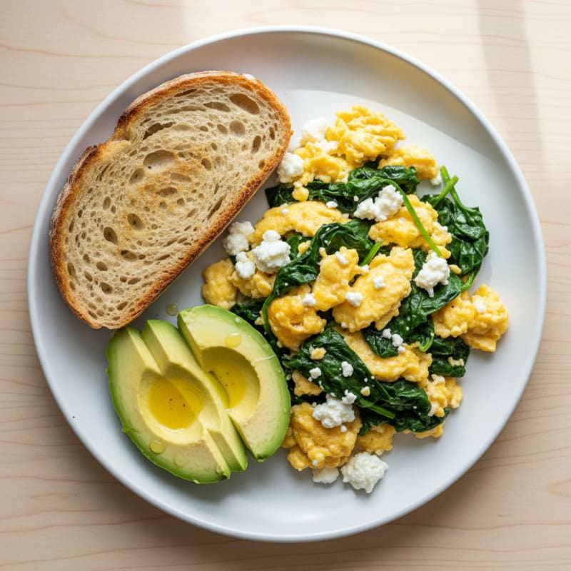 Scrambled Eggs with Cottage Cheese and Sautéed Spinach