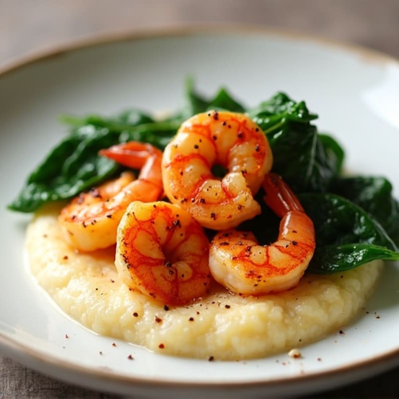 Spicy Cajun Shrimp with Creamy Grits and Fresh Sautéed Greens