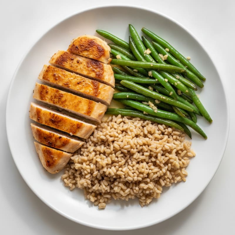 Seared Chicken Steak with Garlic Green Beans and Brown Rice