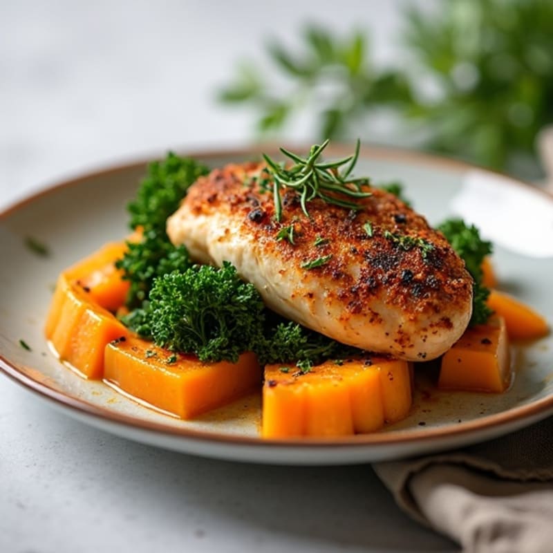 Roasted Butternut Squash with Garlic-Herb Chicken and Crispy Kale