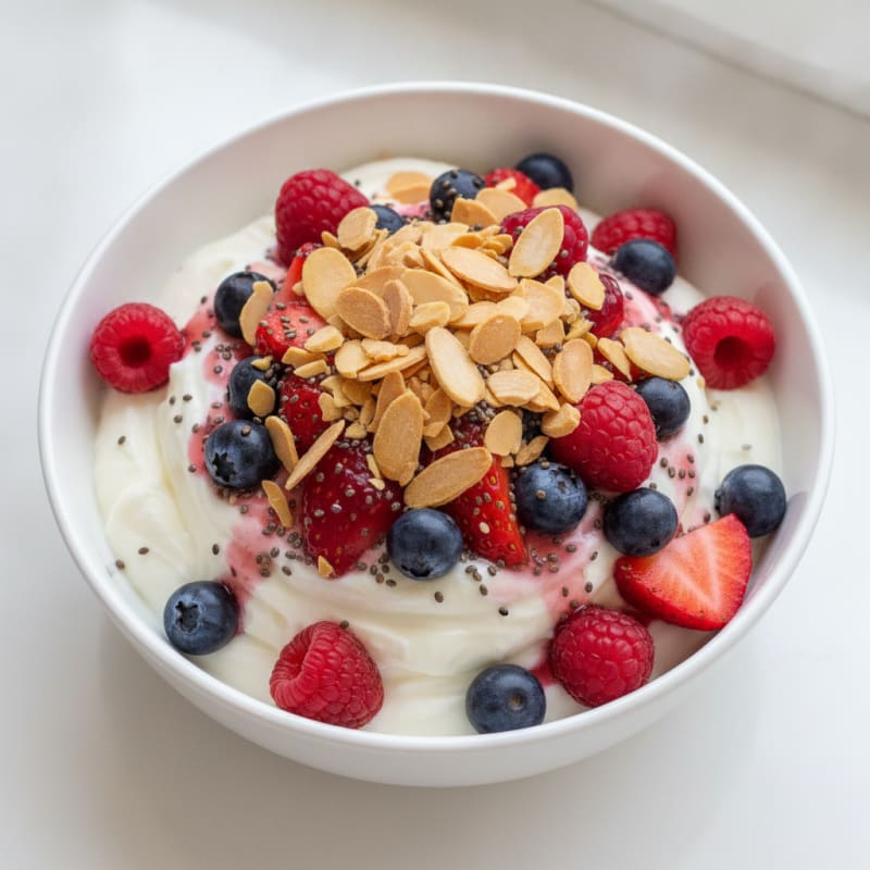 Greek Yogurt Protein Parfait with Mixed Berries and Almonds