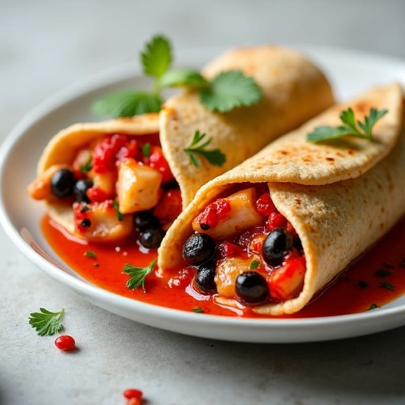 Chicken and Black Bean Stuffed Tortillas with Zesty Red Chili Sauce