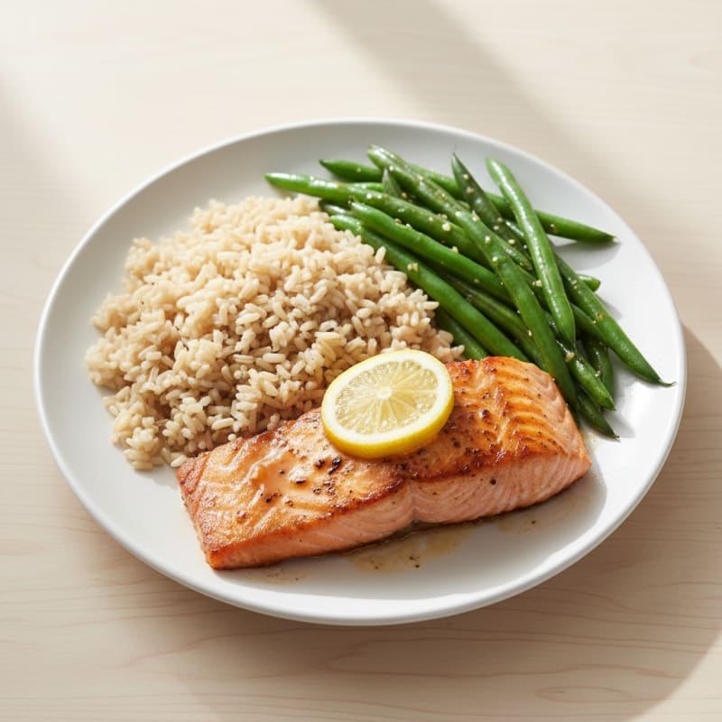 Seared Salmon with Garlic Green Beans and Brown Rice