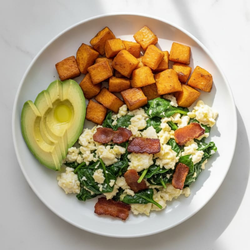 Crispy Turkey Bacon and Egg White Scramble with Sautéed Spinach