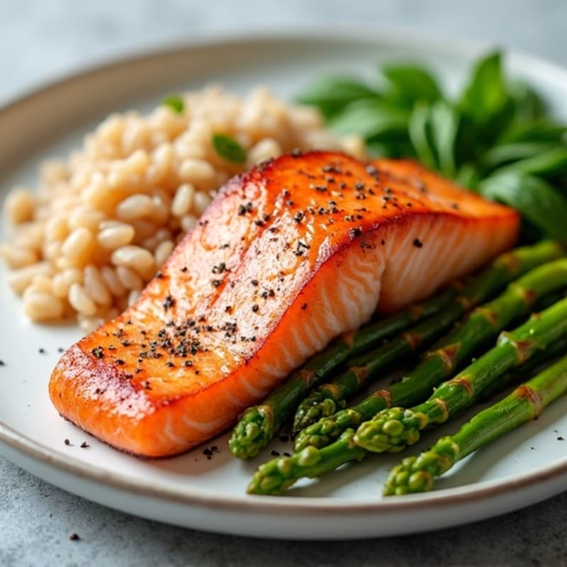 Seared Salmon with Steamed Asparagus and Brown Rice