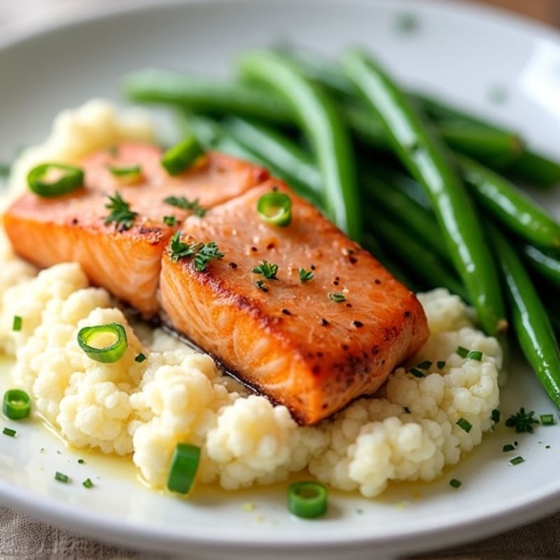 Seared Salmon with Steamed Green Beans and Garlic Mashed Cauliflower