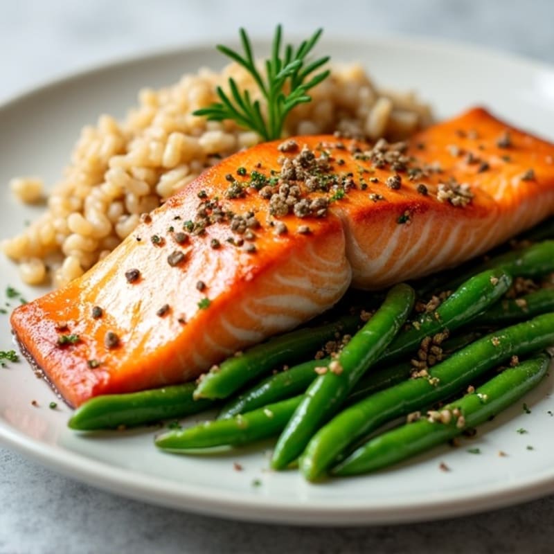 Seared Salmon with Garlic Green Beans and Brown Rice