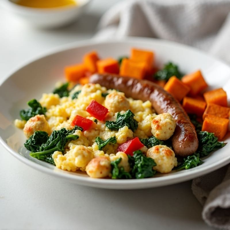 Egg White and Turkey Sausage Scramble with Spinach and Roasted Sweet Potatoes