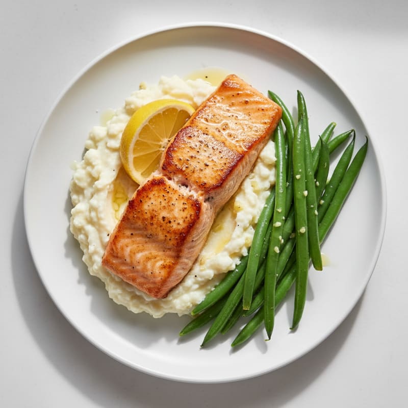 Seared Salmon with Steamed Green Beans and Cauliflower Mash