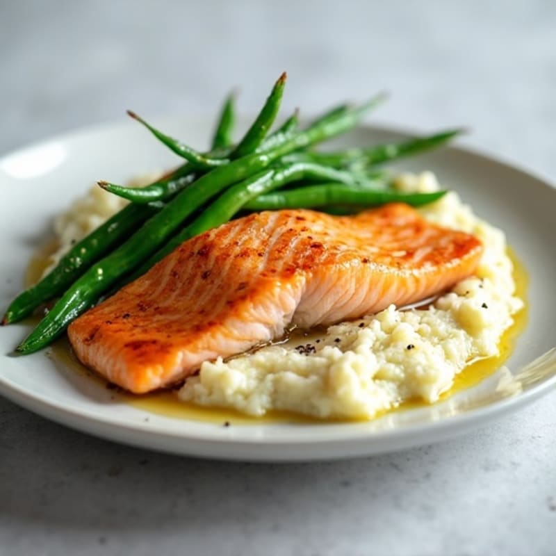 Seared Salmon with Steamed Green Beans and Garlic Cauliflower Mash