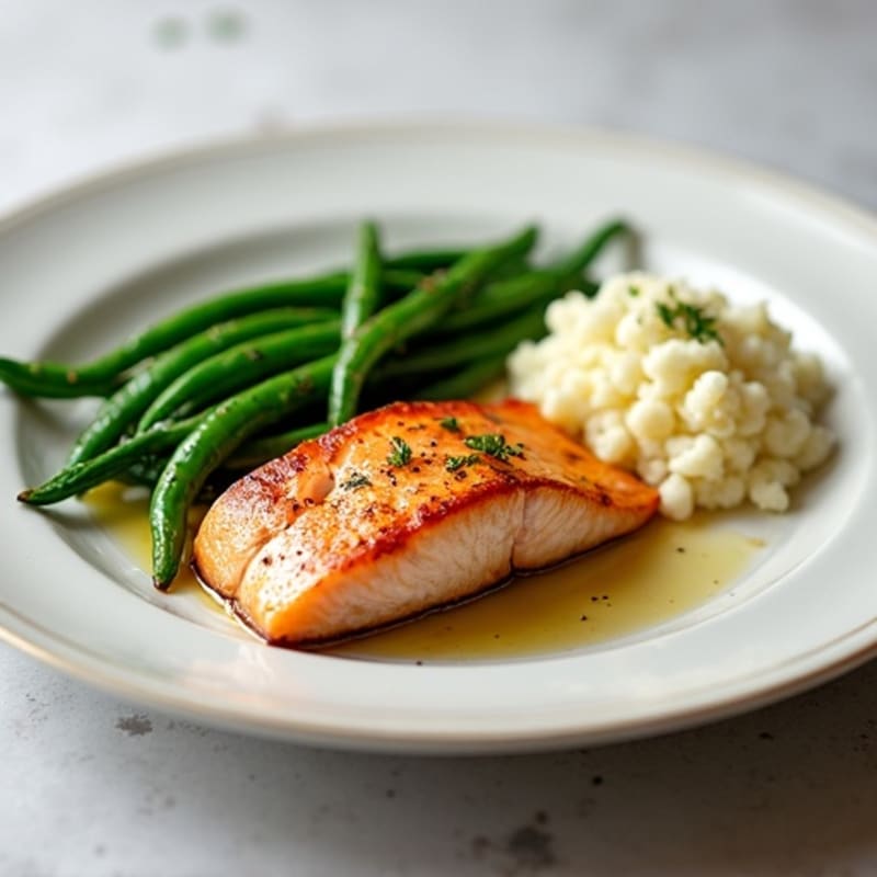 Seared Salmon with Steamed Green Beans and Garlic Mashed Cauliflower