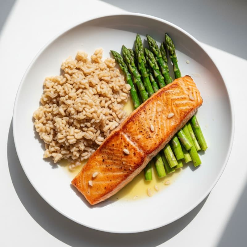 Seared Salmon with Steamed Asparagus and Brown Rice
