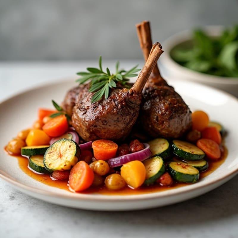 Slow-Cooked Warm Spiced Lamb with Roasted Vegetables and Apricots