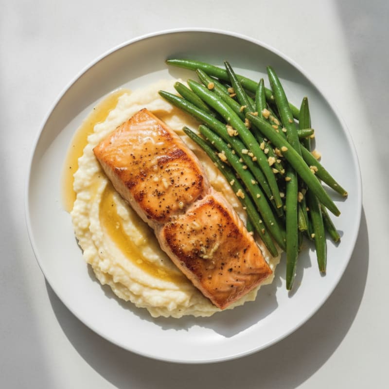 Seared Salmon Fillet with Garlic Green Beans and Cauliflower Mash