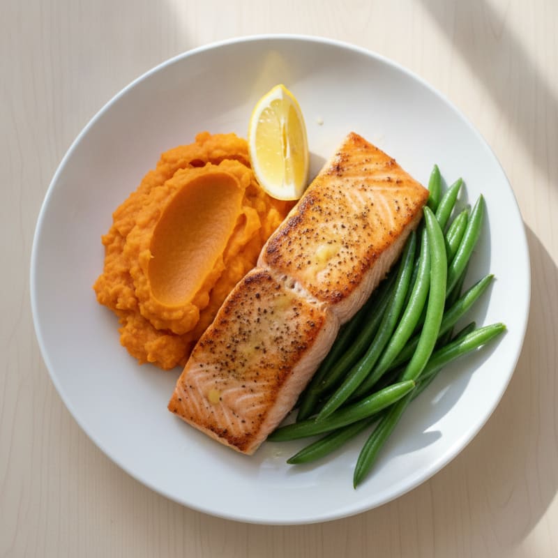 Seared Salmon with Steamed Green Beans and Sweet Potato Mash