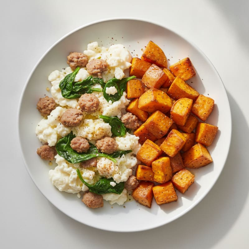 Egg White and Turkey Sausage Scramble with Spinach and Roasted Sweet Potato
