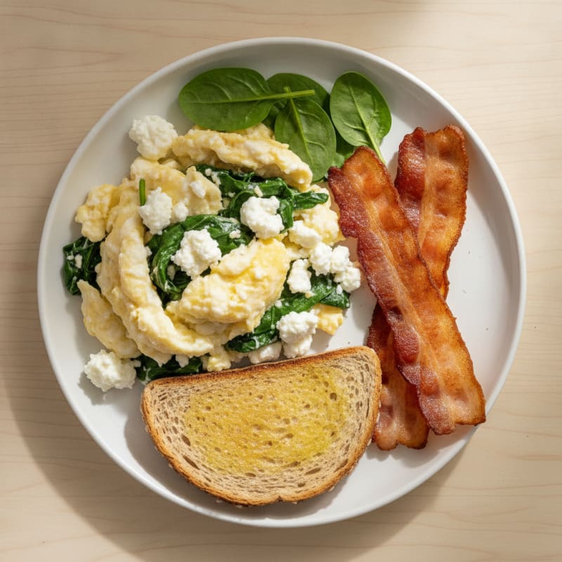 Cottage Cheese Egg White Scramble with Spinach and Turkey Bacon
