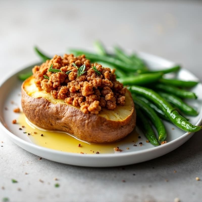 Crispy Baked Potato with Lean Ground Turkey and Steamed Green Beans