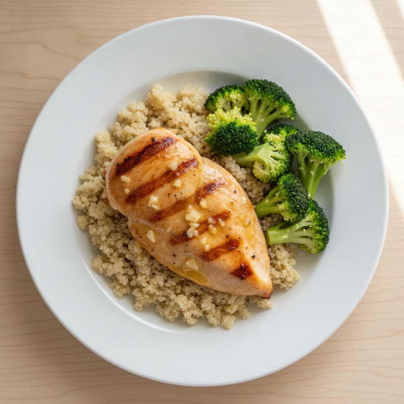 Grilled Lemon-Garlic Chicken Breast with Quinoa and Steamed Broccoli