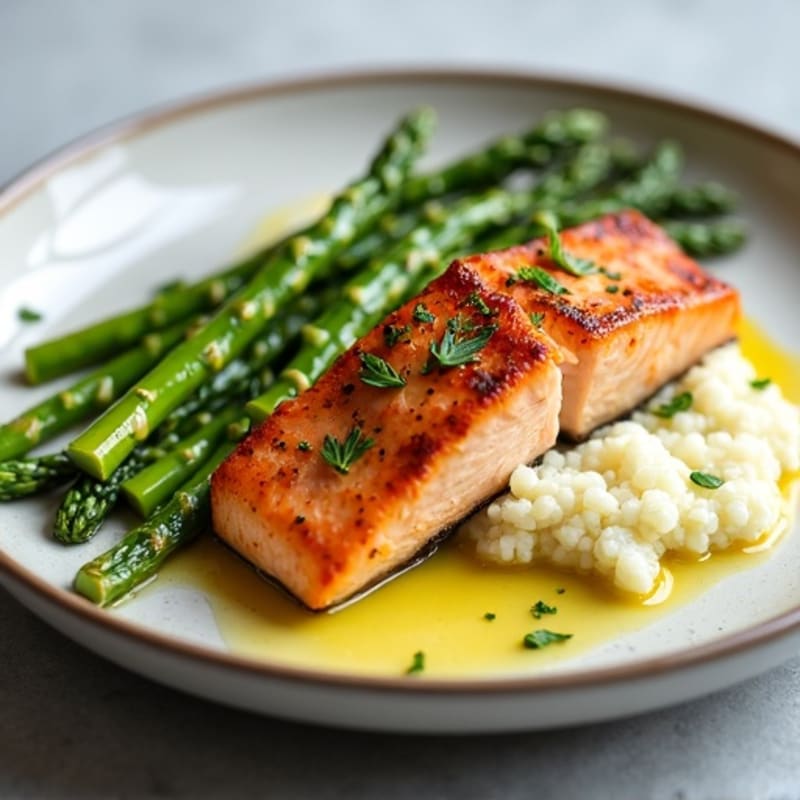 Seared Salmon with Steamed Asparagus and Cauliflower Mash