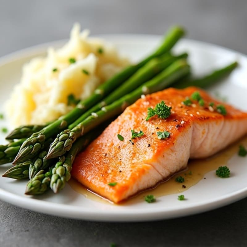 Seared Salmon Fillet with Steamed Asparagus and Garlic Mashed Potatoes