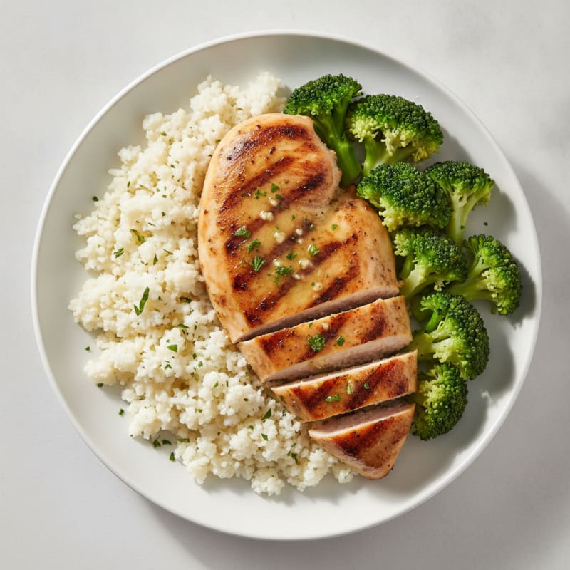 Grilled Chicken Breast with Steamed Broccoli and Cauliflower Rice