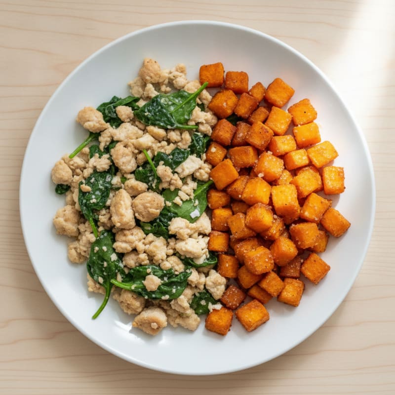 Egg White and Ground Chicken Scramble with Sautéed Spinach and Sweet Potato Hash