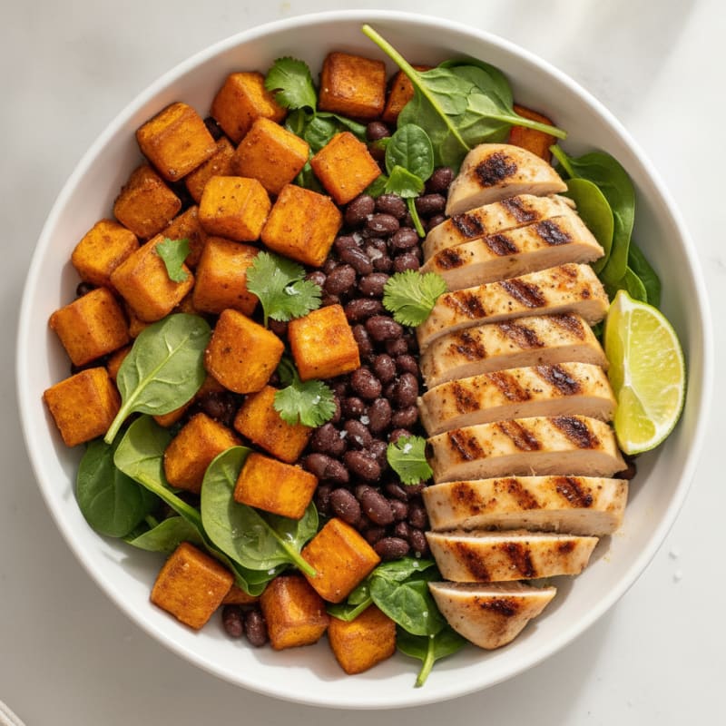 Roasted Sweet Potato and Black Bean Bowl with Spiced Chicken