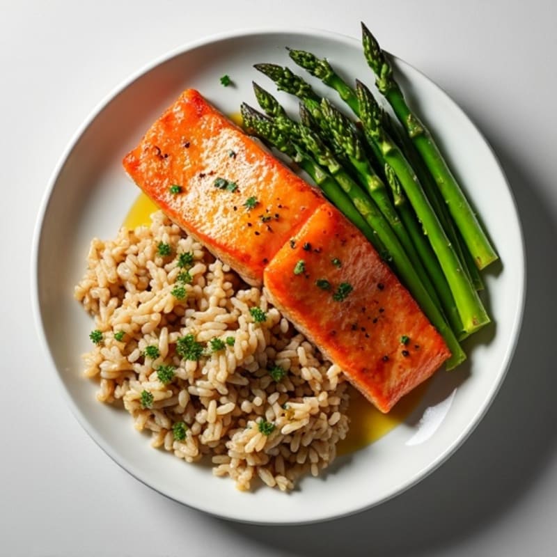 Seared Salmon with Steamed Asparagus and Brown Rice