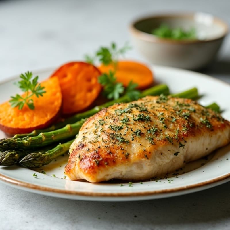 Garlic Herb Crusted Chicken with Roasted Asparagus and Sweet Potato Wedges