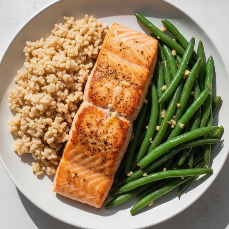 Seared Salmon with Garlic Green Beans and Brown Rice