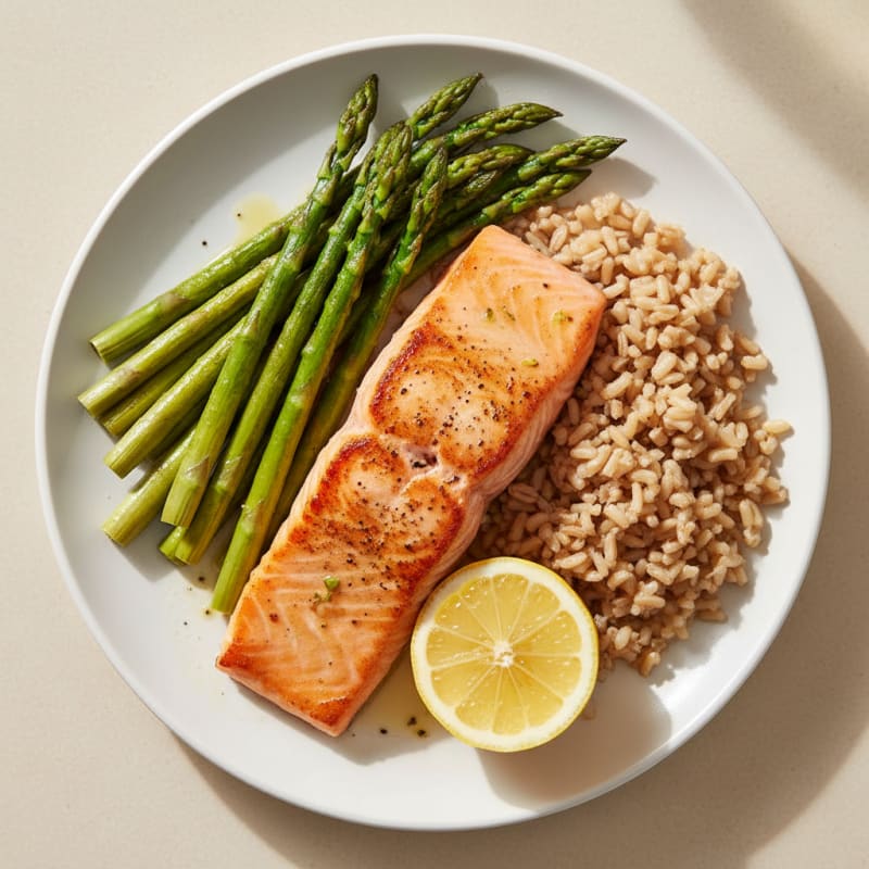 Seared Salmon Fillet with Roasted Asparagus and Brown Rice