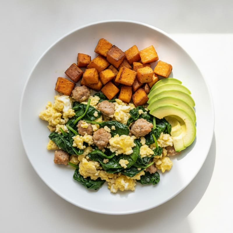 Egg White and Turkey Sausage Scramble with Sautéed Spinach